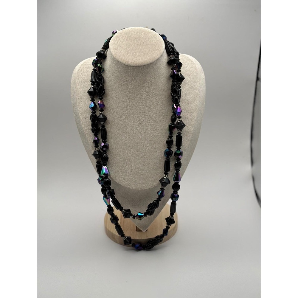 VTG Judy-Lee Signed Black Glass AB Necklace Faceted Crystal Beads Collector - Picture 11 of 12